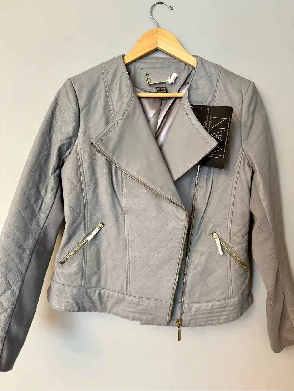 IMAN Gray Quilted Asymmetrical Leather Jacket